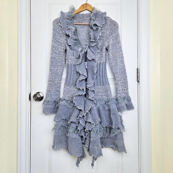 Y2K Whimsy Ruffle Lace Tulle Long Cardigan Witchy Fairy Boho Penny Lane Size S - Picture 8 of 12